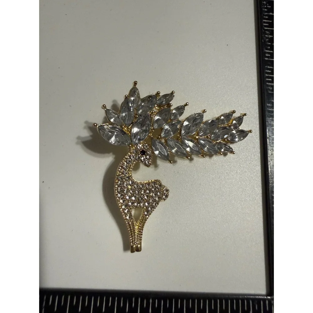 Gold Tone Rhinestone Deer Brooch Marquise Crystal Antler Reindeer Pin